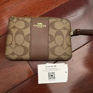 New Genuine Coach Corner Zip Wristlet In Signature Canvas Khaki Saddle Brown
